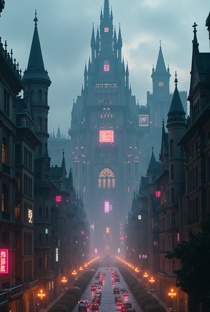 gothic architectural city overtaken by technology. like cyberpunk vaporwave neon lights over a victorian looking castle city