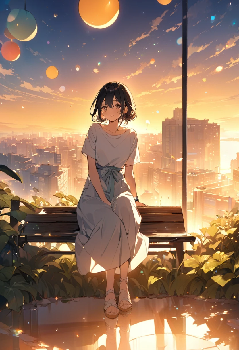 In a corner of the park where the light of the setting sun shines softly、A young female character sits on a bench、Depicts a scene of relaxation with a calm expression。The character has long black hair that reaches down to her waist.、When exposed to light, it becomes slightly glossy。Her eyes shine faintly in the reflection of the setting sun.。The hair looks a little damp.、Reminiscent of a sweaty summer evening。

The character is wearing a simple white T-shirt.、Black lines on the cuffs and collar。Her attire is casual and、He has a sports watch on his wrist。In the light of the setting sun, it sparkles like a jewel.、Its transparency and light reflection are very impressive.。

In the background、The park scenery at dusk spreads out before you。wood々The leaves sway gently、夕日の光がwood漏れ日としてキャラクターやベンチの周囲に降り注いでいる。Particles of light drifting in the air、The screen is dotted with rainbow-colored reflections along with subtle lens flares.。This、The whole scene has a fantastical and dreamy atmosphere.。In the distance in the background、I can see vague silhouettes of plants and buildings.、It suggests that it is an urban park.。

The overall color tone is warm.、Orange and gold dominate。The light of the setting sun envelopes the whole scene.、It emphasizes the calm and quiet of a summer evening.。The facial expressions and poses of the characters are、Feeling a pleasant tiredness at the end of the day、It conveys a feeling of satisfaction.。