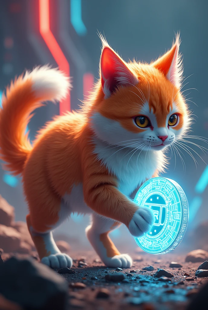 Suya cat it's colour is orange and white is fighting with tron coin make it as averagers
