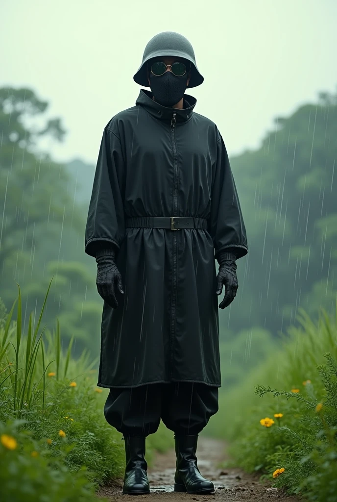 A man wearing a black cloth outfit, his face completely covered by an iron mask with glasses, wearing an M35 helmet, Wear a sun-protective jacket, Wear black gloves, Wear women's boots because they increase 2cm.

 The scene is in the middle of Huong Que, Sunny weather with light rain.