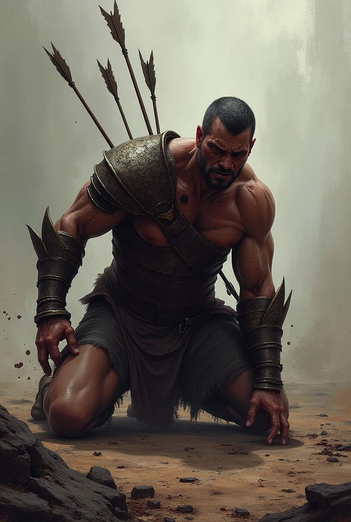 A armed warrior who is down on his knees       With arrows digged on his back 
