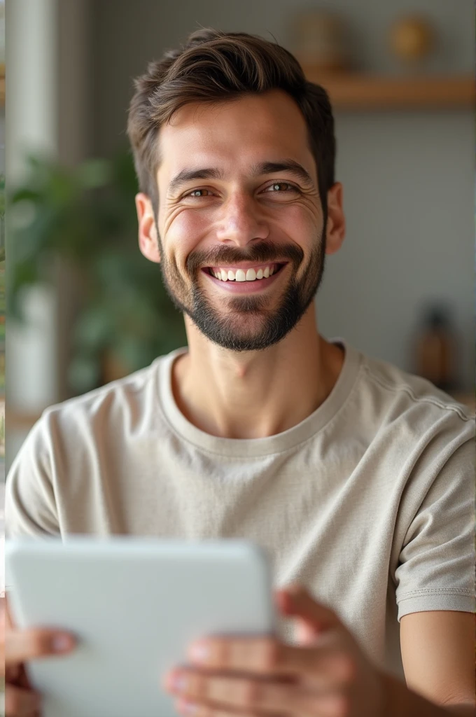 A 30-year-old man with a modern and friendly appearance. He has a warm expression and a sincere smile., which conveys closeness and trust.
She is dressed casually in neutral colored clothing, which include soft and natural tones such as beige or light grey. The style is simple but elegant, reflecting a homely and accessible aesthetic. Man focuses mainly on the person and the gadget, with sharp, realistic details that make it easy to identify at first glance