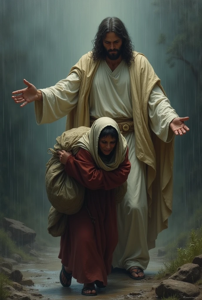 Una mujer
llevando su carga lloviendo y esta llorando del dolor 😭
Y Jesucristo le ayuda
