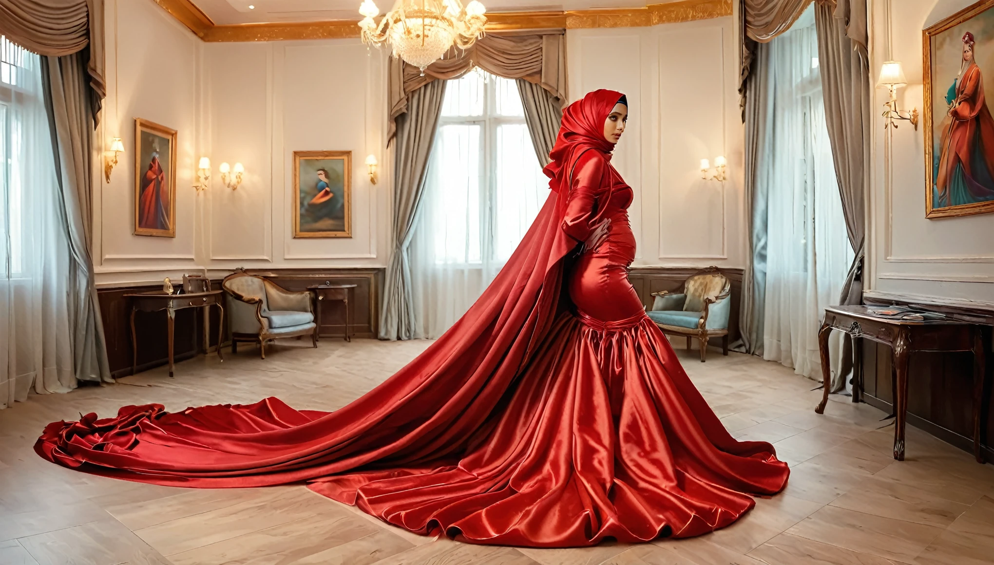 A woman shrouded in a 10-meter-long, plush red satin cloth, tightly bound and grandly draping along the form of her body, flowing off into a pooled floor-length train, styled in a mermaid-inspired outfit, her head modestly veiled in a satin hijab, tall woman, walking in room, a full-body pose posing in front of people, captured in a 4k resolution, ultra-realistic