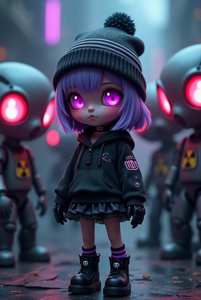 Murder Drones. Drones have two bright eyes on their black visor that emotes. Under some circumstances, their eyes can be overridden by an error, status warning, or system message. Robot Uzi takes on the appearance of a short Worker Drone with neon purple and magenta eyes and short, white skin, dull purple hair. She wears a black striped beanie with a glittery bobble at the tip, and black boots with long, dark purple striped socks. She also wears a black hoodie with a white emblem on the front depicting a battery with two bones going across it, creating an "X" shape. The bottom of the hoodie has two white stripes wrapping around it, and the left sleeve has a white radioactive symbol on it. Beneath her hoodie is a short, frilly, black skirt. She also has a black choker around her neck with a skull and the number "002" on it. She shyly smiles and blushes resting her right hand on her chin.