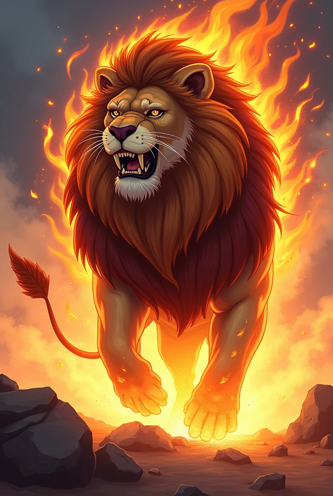 Powerful alpha lion anime with big mane fire body and roaring