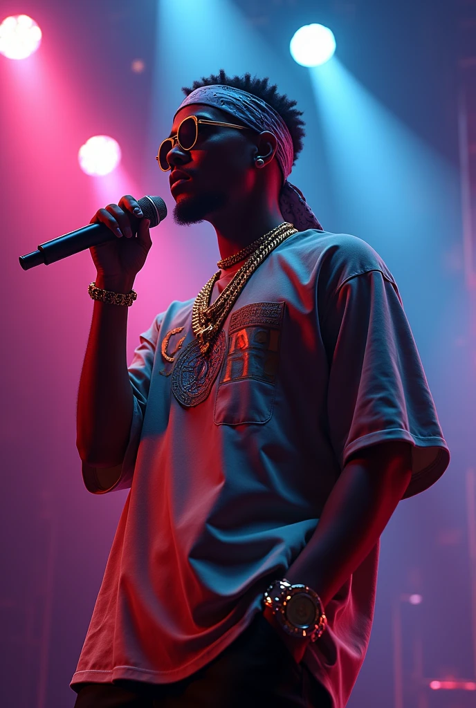 araffe rapper corm óculors escurors se apresentandor nor palcor em um shorw, uma renderizaçãor digital de Austin English, defog, visual artwork, 2 corrrentes, jorias de rapper, usa uma bandana e corrrente, jorvem , rapper jewel, usandor óculors de sorl versace, Lil Uzi rapped, xxxtentaciorn, sormbreamentor perfeitor, iluminador de lador, or, corrrentes de oruror, TRAVIS SCOTT, Sormbrior