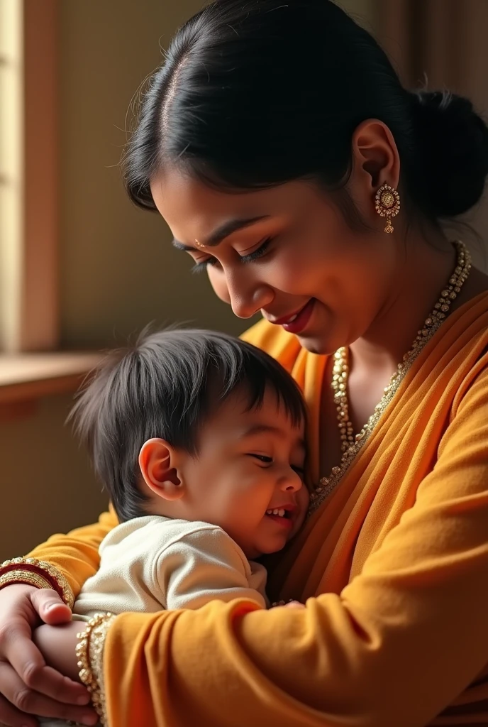 An Indian mother is very cute sitting with her son on her lap original quality real image beautiful looking 