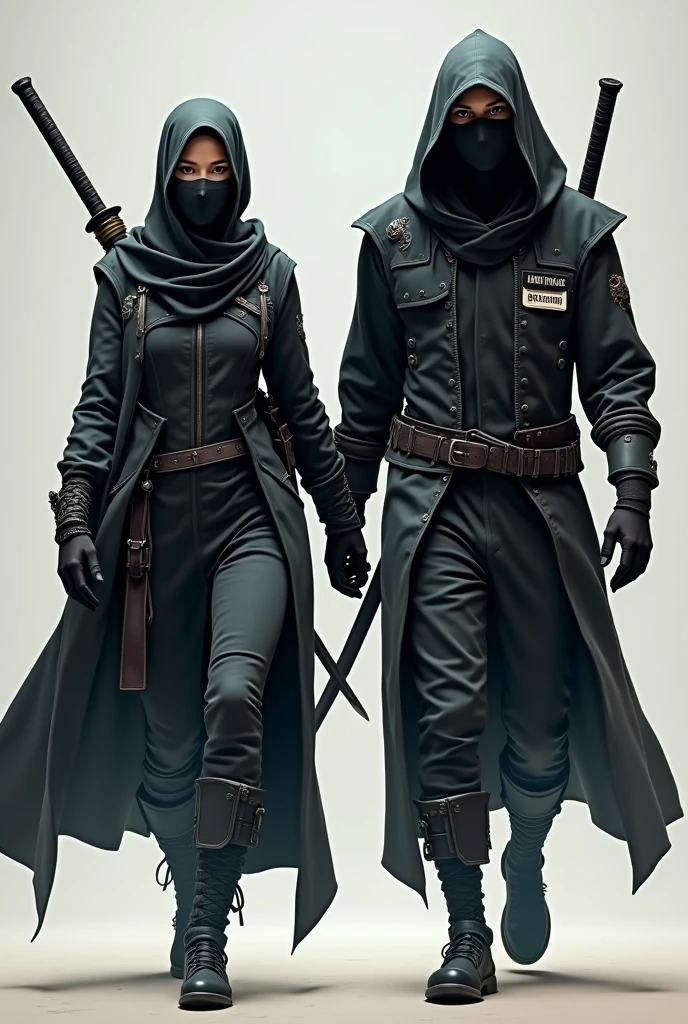 a male and female like ninja around age 20, female niqab and close her face, wearing tech cloak, slim body, female holding katana, male holding scythe. cyberpunk style. have big name tag, add Mata Dragon text on both of them, add Mata Dragon on cloak, female have bow on her back. both them walking toward camera.

