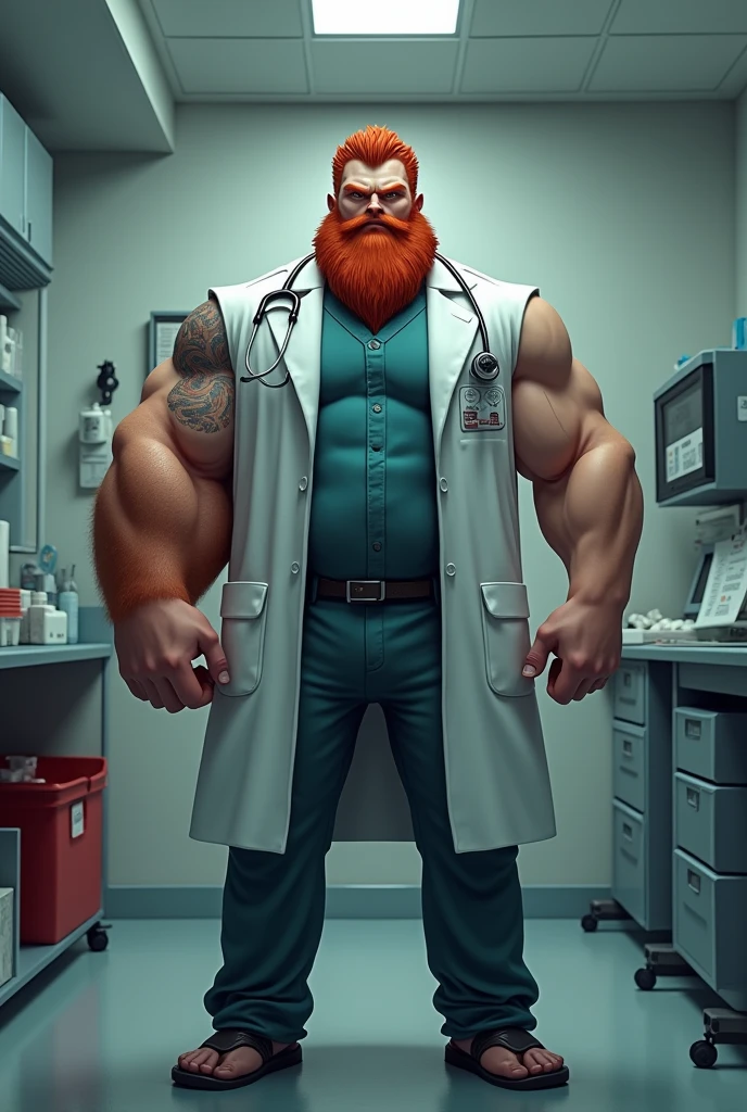 Create a very strong redheaded doctor, bearded. Don&#39;t forget that one of his arms is bigger than the other arm. 
