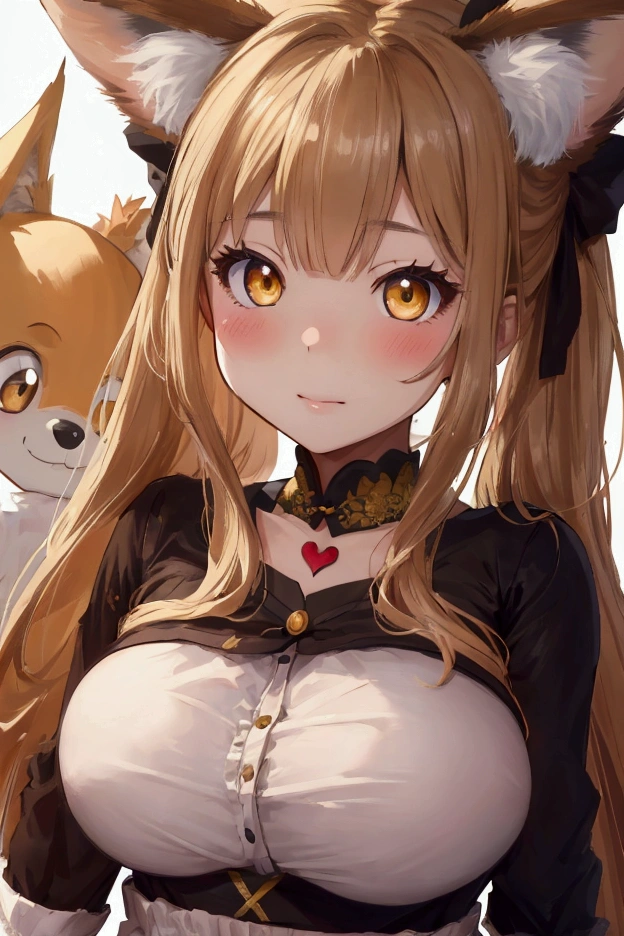 (ultra highres、ultra quality、Masterpiece、8k、),A girl with light  hair drawn Young and cute 、Asian woman,s hot, Japanese Model, Cute Core,  , Chubby 、(big breast)、fairy tale、Blushing、(sexly、I can see your chest)(Fox Ears)yellow eye