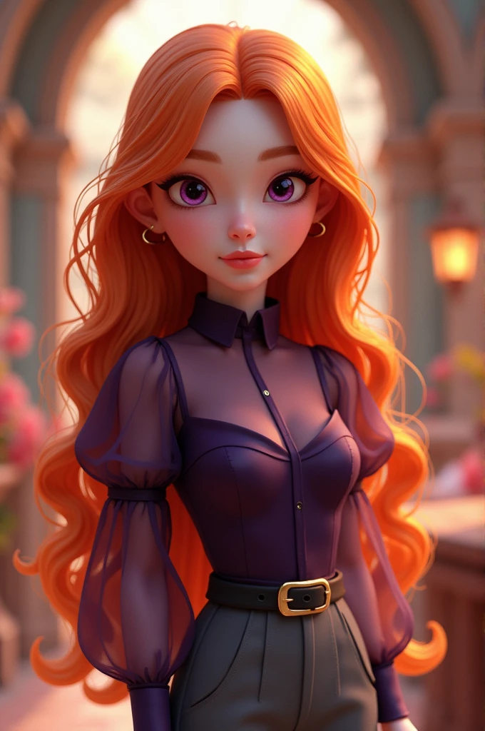 Vanessa is a very beautiful fifteen-year-old girl with snow-white skin, She has long, wavy, bright light orange hair that is usually styled half up with two strands falling down her beautiful face.,She has almond-shaped eyes, a light lilac purple color., her face is heart-shaped and she has a small nose and salmon pink lips, She wears a dark purple long-sleeved shirt that is puffed up around the arms, being a little more transparent there, and around the wrist, being glued with half of the shoulders uncovered., He is wearing elegant grey trousers and black ankle boots..((3D style)) ((Style Miraculous ladybug)).
