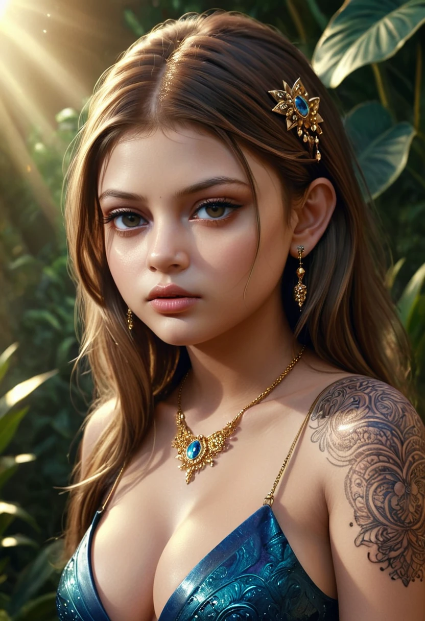 Foto hiperrealista en primer plano de (ALEXANDRA DADDARIO:0.5)(THYLANE BLONDEAU:0.5),(AISHWARYA RAI:0),20 years old,octane render. (photorealistic:1.4),(top-quality), (masterpiece), (seductive pose: 1.2 ),( Sharply focused human skin:1.3),(seductive cleavage:1.4), Frivolous and scandalous, (hyperrealistic detailed skin:1.3), ( shiny skin:1.2),(subsurface scattering:1.4), intricate tattoos, long shiny hair decorated with precious jewels,exotic ornaments , (studio soft lighting:1.4), (surreal exotic natural surrounding in a royal garden: 1.4), (pouting lips drawn in ultra detail:1.4),The most beautiful girls ,8k,16k,trending on artstation,deviantart,detailxl