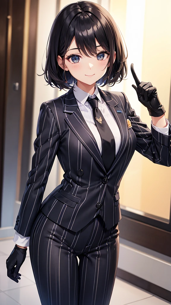 A woman wearing a striped pantsuit　tie　smile　　Black gloves