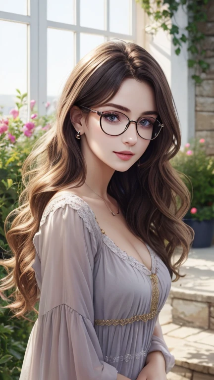Wear glasses,Gold frame round glasses, Wavy Hair、Very cute face、Long Hair、Soft Light,Sparkling eyes,Purple Eyes、Captivating beauty、Attractive adult woman、Beautiful woman、Ultra-high resolution, Realistic,garden、