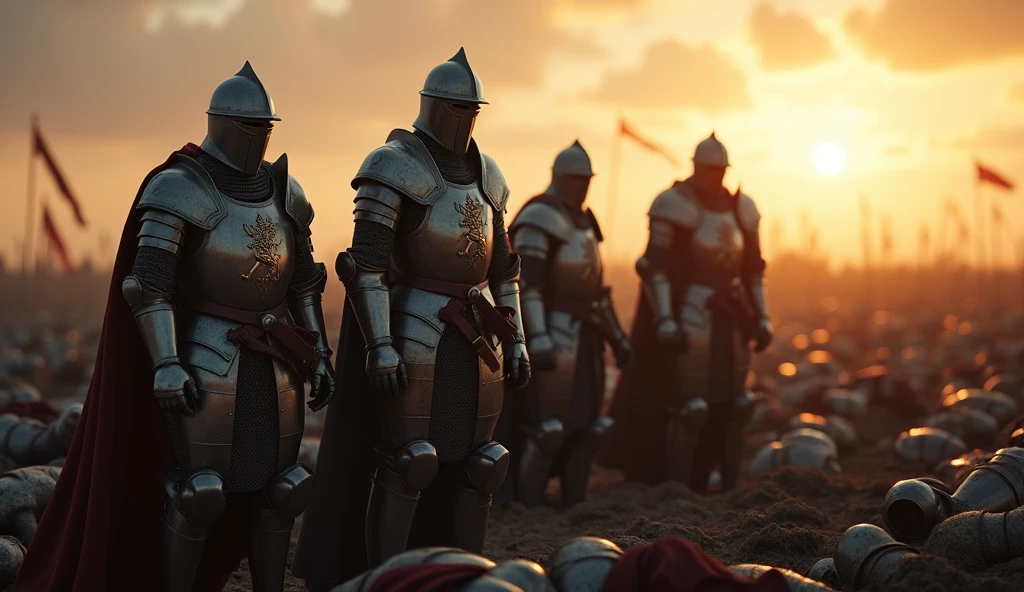A highly realistic, high-contrast, 8K HD, detailed, hyper-detailed image of knights standing on a battlefield at dawn. The knights, clad in steel armor with a lion emblem on their chests, stand solemnly with fallen soldiers at their feet. The first light of day casts a soft glow over the scene, illuminating the armor and the grim reality of the battle's aftermath. The knights reflect on the cost of victory and the fate of their brothers in arms, their expressions filled with a mix of sorrow and resolve. The atmosphere is somber and reflective, capturing the heavy toll of war and the enduring bond ween the knights. The image is of the highest quality, with ultra-high resolution, RAW photo quality, and Unreal Engine rendering, portraying the knights' contemplation and the bittersweet nature of their triumph under the lion emblem.