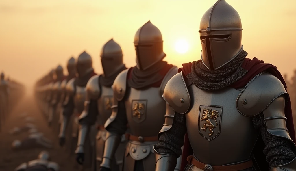 A highly realistic, high-contrast, 8K HD, detailed, hyper-detailed image of knights standing on a battlefield at dawn. The knights, clad in steel armor with a lion emblem on their chests, stand solemnly with fallen soldiers at their feet. The first light of day casts a soft glow over the scene, illuminating the armor and the grim reality of the battle's aftermath. The knights reflect on the cost of victory and the fate of their brothers in arms, their expressions filled with a mix of sorrow and resolve. The atmosphere is somber and reflective, capturing the heavy toll of war and the enduring bond between the knights. The image is of the highest quality, with ultra-high resolution, RAW photo quality, and Unreal Engine rendering, portraying the knights' contemplation and the bittersweet nature of their triumph under the lion emblem.