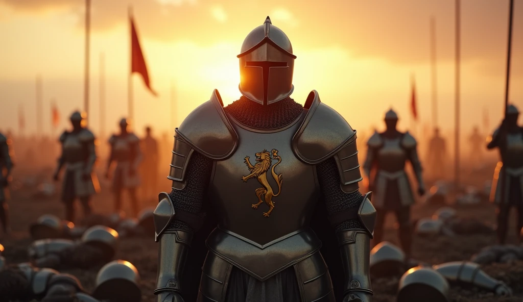 A highly realistic, high-contrast, 8K HD, detailed, hyper-detailed image of knights standing on a battlefield at dawn. The knights, clad in steel armor with a lion emblem on their chests, stand solemnly with fallen soldiers at their feet. The first light of day casts a soft glow over the scene, illuminating the armor and the grim reality of the battle's aftermath. The knights reflect on the cost of victory and the fate of their brothers in arms, their expressions filled with a mix of sorrow and resolve. The atmosphere is somber and reflective, capturing the heavy toll of war and the enduring bond between the knights. The image is of the highest quality, with ultra-high resolution, RAW photo quality, and Unreal Engine rendering, portraying the knights' contemplation and the bittersweet nature of their triumph under the lion emblem.