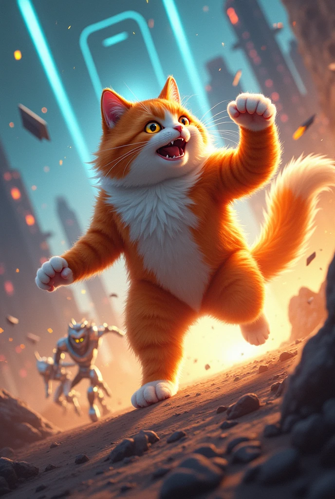Super Suya cat it's colour is orange and white is fighting with tron coin villain make it as averagers