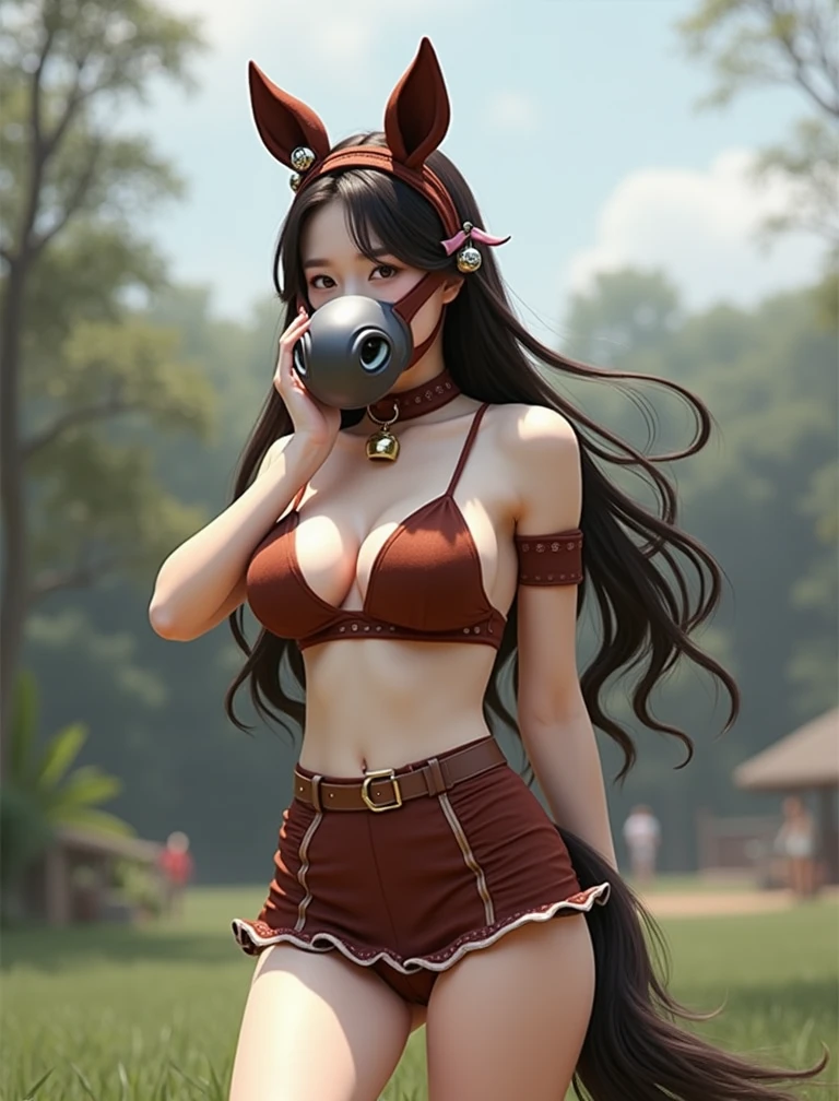 masterpiece, best quality, ultra highres, original, extremely detailed, perfect lighting,real photo, asian girl(large breasts) , she wearing sexy horse bikini costume , she wearing horse muzzle on mouth&nose , mini skirt , horse ear headband , horse tail , collar with bell, outdoor , zoo 