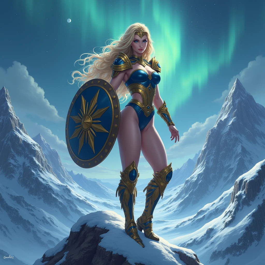 BOMBSHELL BLONDE WOMAN, WARRIOR FEMALE, VERY PALE SKIN, SKIN BLUE EYES, HIGH CHEEKBONES, ROSY CHEEKS, MENTAL FORAMEN, GOLD TIARA, HUGE LONG HAIR, DOUBLE BRAID HAIR, VOLUMOUS HAIR, BLUE AND GOLD LEOTARD ARMOUR, BLUE AND GOLD ARMOUR, GOLD GAUNTLETS, STRONG CURVY BODY, MUSCLES, GORGEOUS EXPOSED THIGHS, DETAILED QUADRICEPS, MUSCLES, GOLD FLAT BOOTS, STAND UP ON A HIGH MOUNTAINS ROCK, HUGE SHIELD , SIDE BODY VIEW, NORTHERN LIGHTS, NORTH POLE, SNOW, HIGH MOUNTAINS, SNOWING, NIGHT SKY, ACCURATE IMAGE, MASTERPIECE.