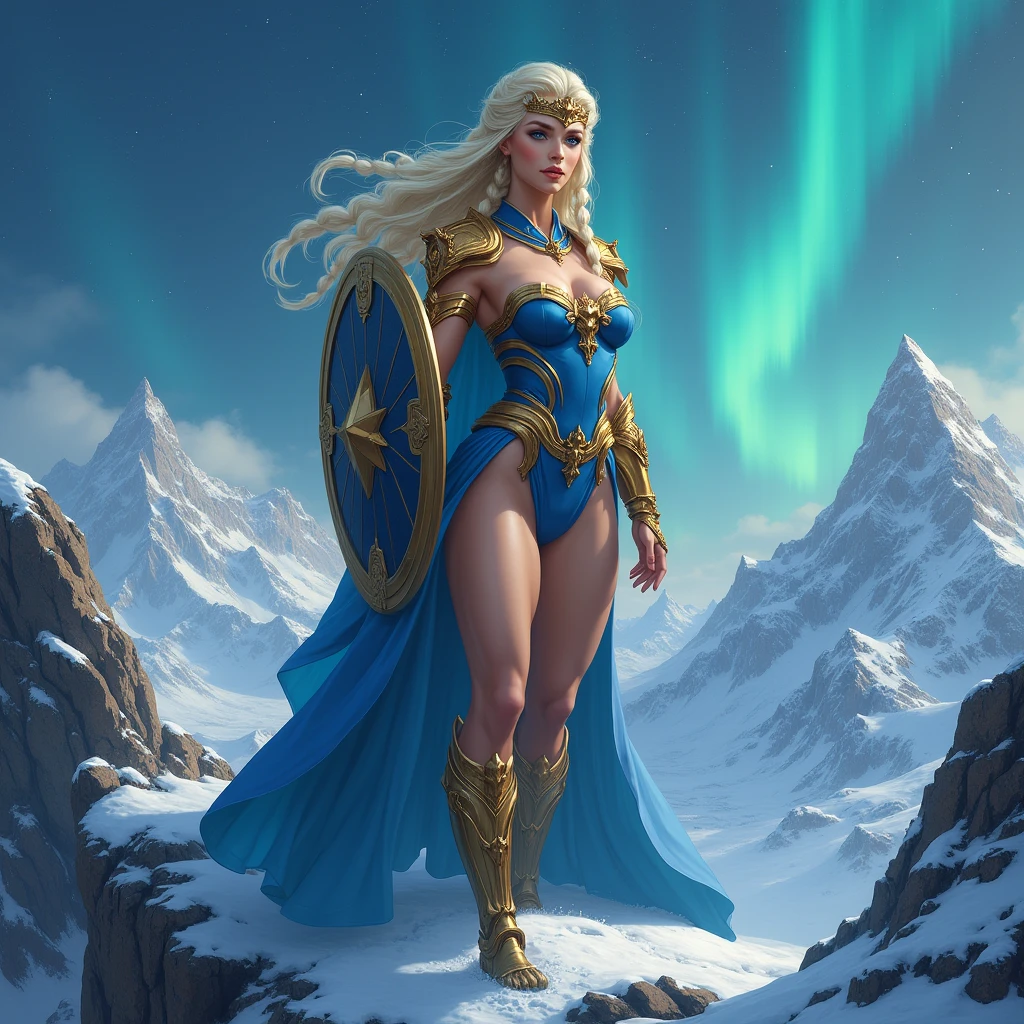 BOMBSHELL BLONDE WOMAN, WARRIOR FEMALE, VERY PALE SKIN, SKIN BLUE EYES, HIGH CHEEKBONES, ROSY CHEEKS, MENTAL FORAMEN, GOLD TIARA, HUGE LONG HAIR, DOUBLE BRAID HAIR, VOLUMOUS HAIR, BLUE AND GOLD LEOTARD ARMOUR, BLUE AND GOLD ARMOUR, GOLD GAUNTLETS, STRONG CURVY BODY, MUSCLES, GORGEOUS EXPOSED THIGHS, DETAILED QUADRICEPS, MUSCLES, GOLD FLAT BOOTS, STAND UP ON A HIGH MOUNTAINS ROCK, HUGE SHIELD , SIDE BODY VIEW, NORTHERN LIGHTS, NORTH POLE, SNOW, HIGH MOUNTAINS, SNOWING, NIGHT SKY, ACCURATE IMAGE, MASTERPIECE.