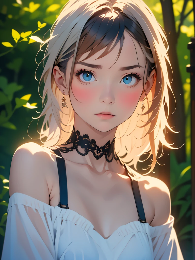 (highest quality, Tabletop:1.2, 超A high resolution, Realistic:1.5), RAW Photos, One Girl, White off-the-shoulder dress, In the Dark, Deep Shadow, Low Light, Cool Tones, Captivating Gaze, Long Hair, Foggy atmosphere, Mysterious atmosphere, Subtle highlights, Dramatic contrast, Graceful pose, Intense emotions, Heavenly beauty, enchanting darkness, Captivating Expressions