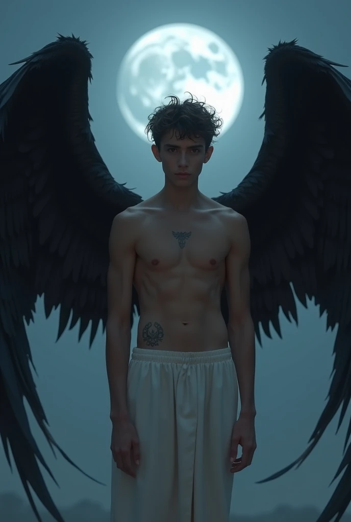 angel boy age 16 shirtless sexy abs plumpy lips, sexiext Nipples with 4 cm diameter ,with a love lewd tattoo on the belly, with 4 big black wings,White skin,hunter eyes, White Gradation silver,Wearing a plain white skirt, In The Night Skies Illuminated by the light of the Moon