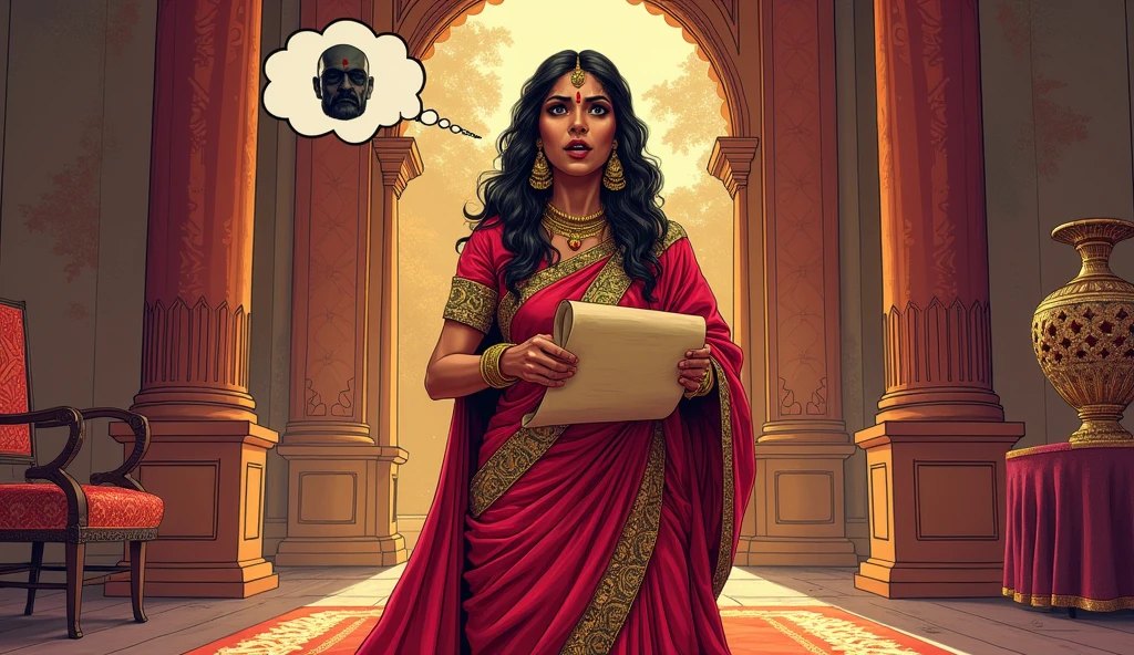  - Show Gandhari in a richly decorated chamber, holding a scroll with a shocked expression. She wears a red sari with golden embroidery, and her eyes are wide open, reflecting her surprise. The room should be filled with warm colors—reds, golds, and purples—with ornate furniture and decorations, showcasing her royal status. Add a thought bubble above Gandhari's head with an image of Dhritarashtra’s face, but shadowed to hint at the secret of his blindness. In a comic style 