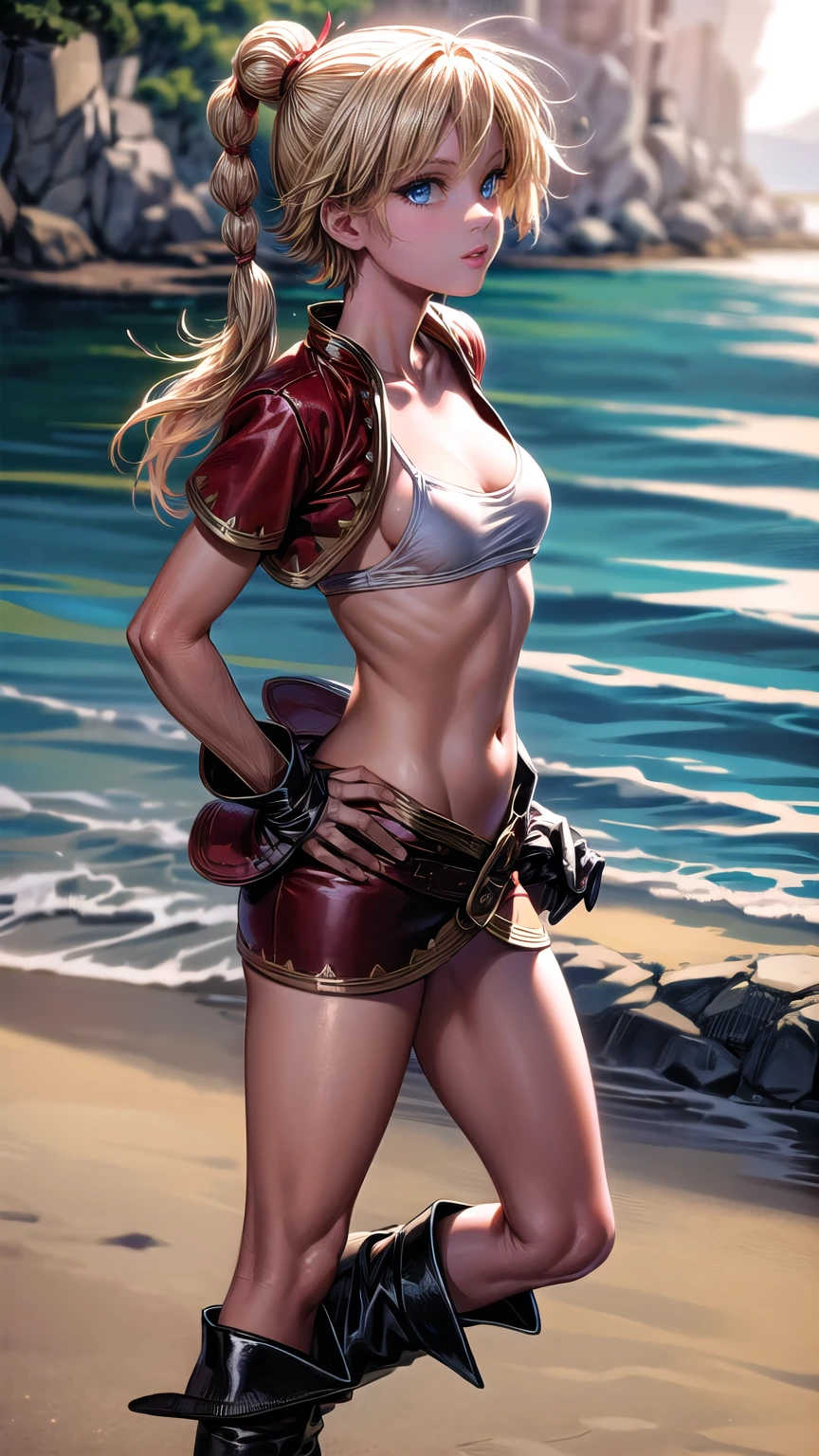 1 adult woman, character "kid" from chrono cross, 20 years old, ((mature face)), various strong facial expressions, yellow hair in a high braided ponytail, (medium small bust:1.4),standing on white sandy beach, in various fighting poses, fitted jacket 3/4 cropped, white top under jacket, tight fitting micro skirt, loose leather boots, ankle wraps, detailed face, detailed eyes, detailed lips, highly detailed, 8k, ultra-detailed 90s era anime style, cinematic lighting, vivid colors, dramatic shadows, masterpiece, award winning art, wide angle, (full length portrait), micrsk3rt, bikini underboob, navel, no bra, detailed hands, ((better hands)), ((best hands)), individual fingers 