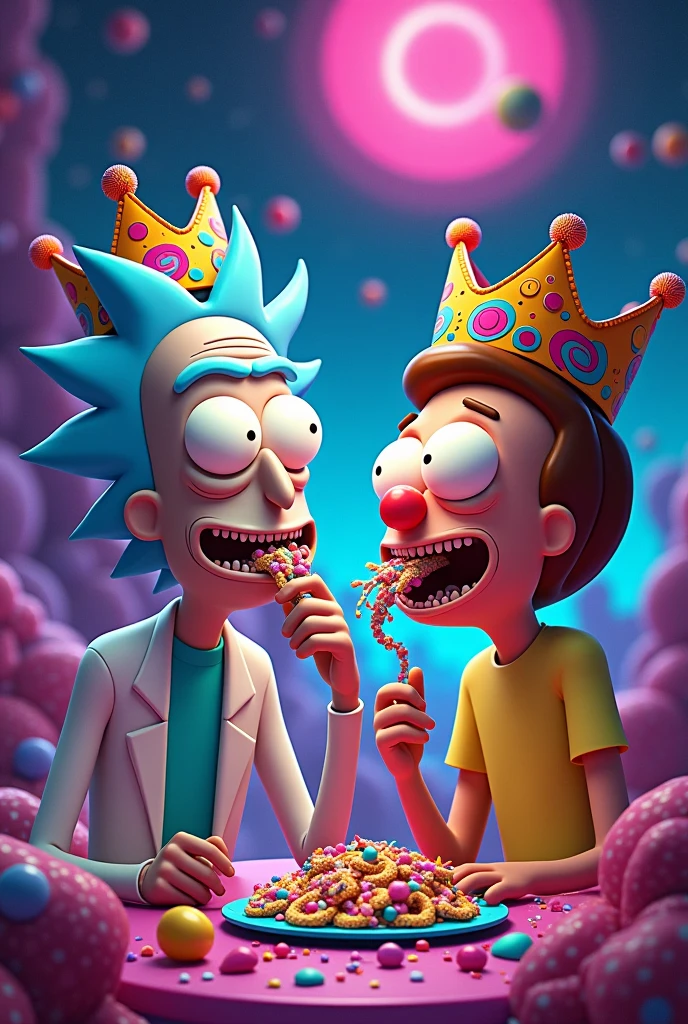rick and morty eating clown crowns in vaporwave style