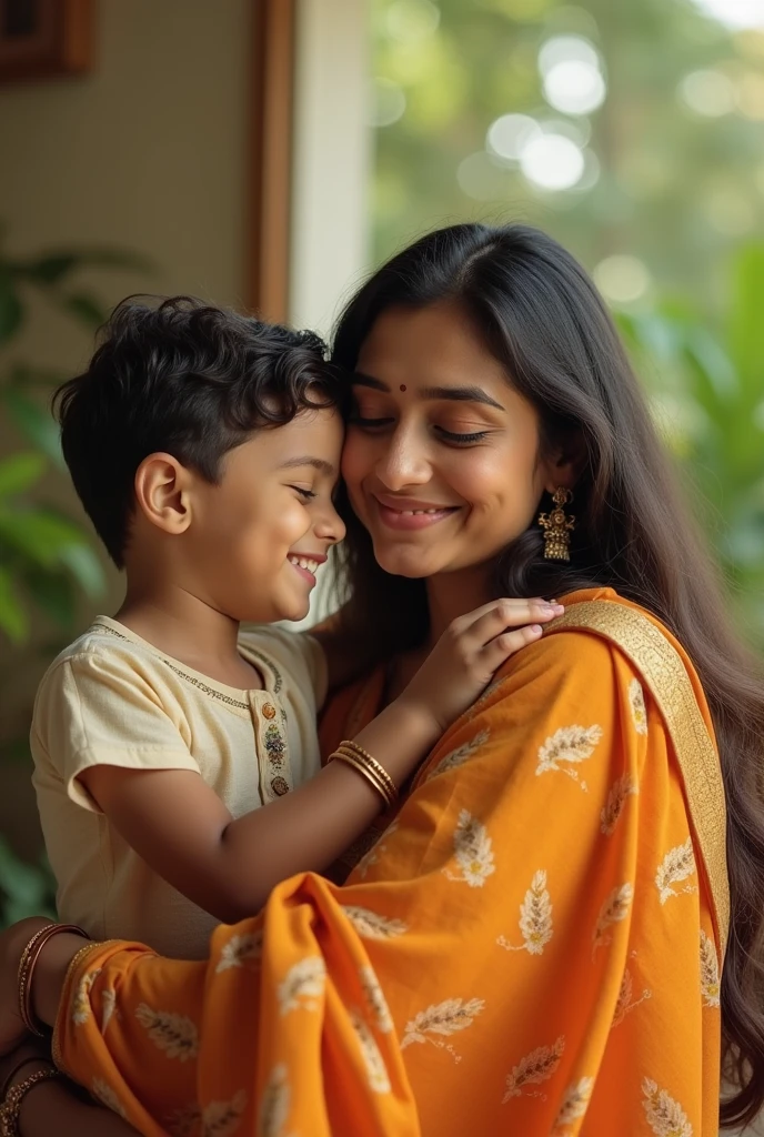 An Indian mother is very cute sitting with her son on her lap original quality real image beautiful looking brightness