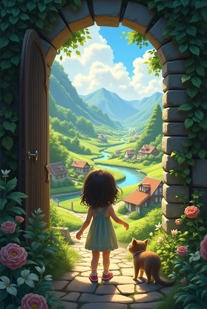 A saw a magice secret way in his garden
The girl opening the secret door
Thare is a new village and mountans and rivers view behinde the door
The saw there are many cats In that village
The girl close the door and runing back to home