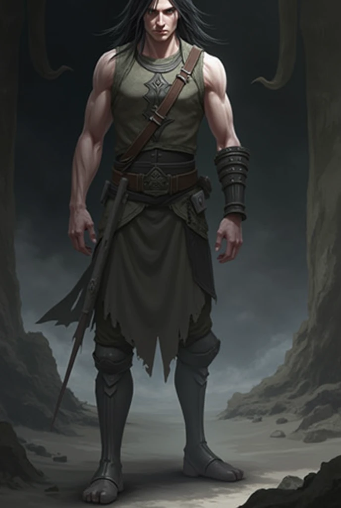 Black hair, dressed in light fabric for armour, tunic, male