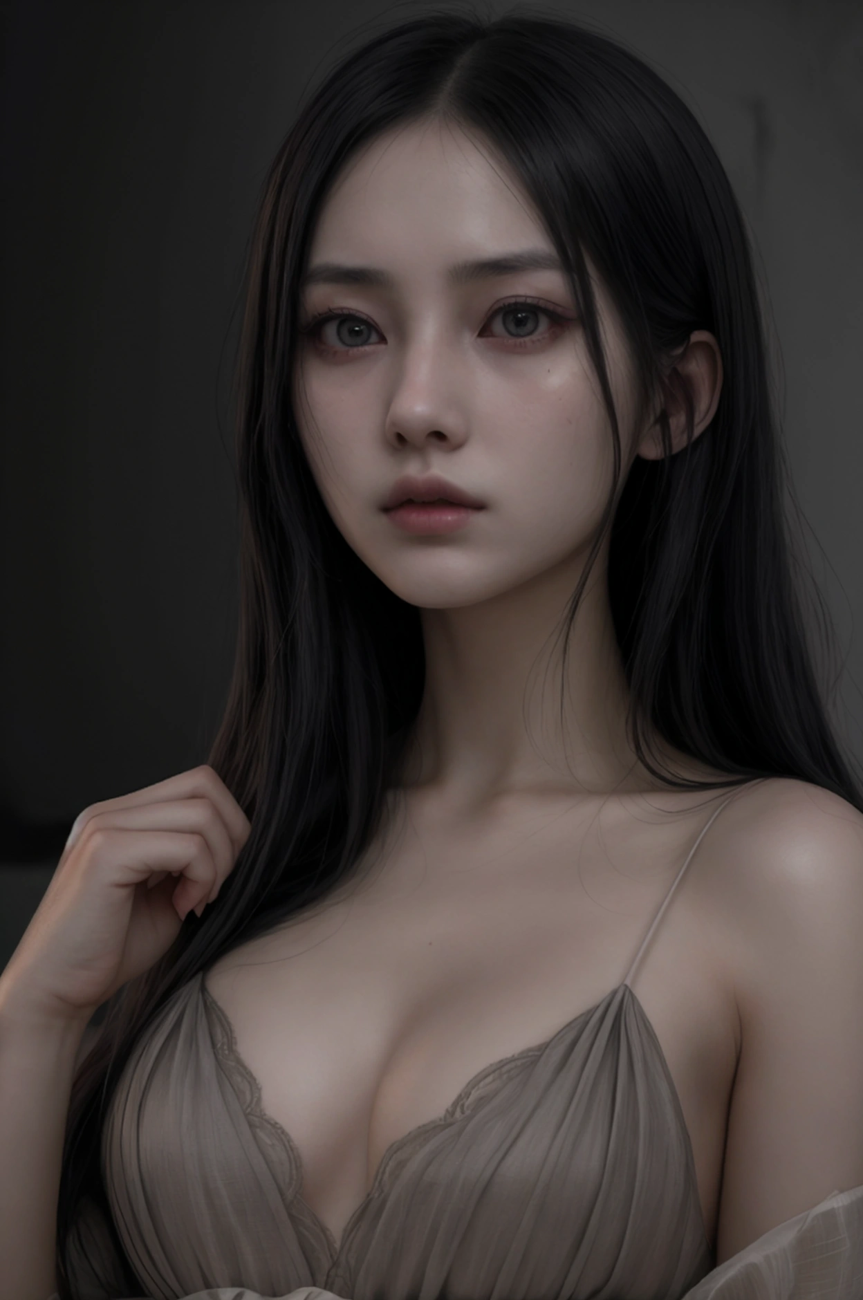 a_girl_with_long_black_hair,yamamura_sadako,detailed_and_realistic_facial_features,beautiful_detailed_eyes,beautiful_detailed_lips,extremely_detailed_face,longeyelashes,creepy_atmosphere,horror,supernatural,ghostly,pale_skin,wearing_a_white_dress,haunting,ominous,dark_lighting,moody_lighting,muted_colors,dramatic_shadows,cinematic,masterpiece,best_quality,8k,highres,ultra-detailed,photorealistic