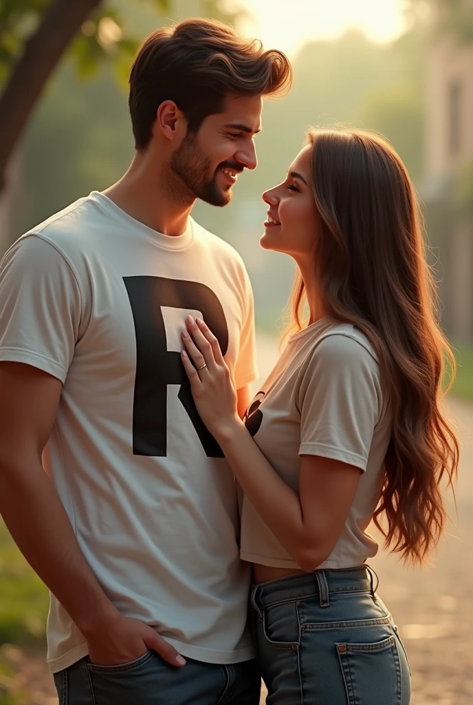 Make a couple where the man has a picture on his shirt. "r" and the woman one "J"