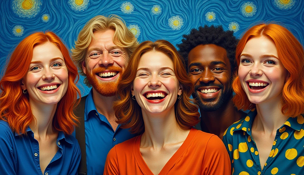 People smiling with details of Vincent van Gogh's self-portrait artwork
