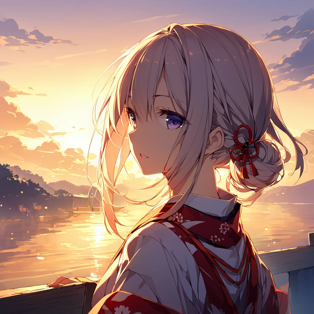 Young woman wearing Japanese clothing、early morning&#39;Atmosphere。長いblack髪にpurpleがかった色味、Tie a section loosely、残りteeth肩に流れ落ちる。Looking over the right shoulder、Only the left eye is visible in profile。Smooth skin like white porcelain、length, Narrow eyes、Small lips。A fleeting and mysterious atmosphere、Feeling a little depressed。Beautiful white kimono with floral pattern。blackい帯と襟、帯teeth大きな蝶結びで背中で結ばれている。着物にteethred、purple、pink、Delicately painted white floral pattern、Expressing with Gradient。length, Drag the hem、Detailed texture and wrinkles.。透け感のあるblackい羽織を肩にかけている。White flower hair ornament、桜やplumの花をイメージ。circular composition、Place it against the background of a full moon。背景teethdark blueから白へのグラデーション、The impression of the night sky turning into morning。Silhouettes of flowers and plants are scattered throughout the background.、Expressing the appearance of dancing in the wind。Put a dark color on the left、Put a lighter color on the right、Represents the balance of yin and yang。Mainly white、black、dark blue、red、purpleのコントラスト。着物の花柄に使用される色teeth、淡い色から濃い色までExpressing with Gradient。背景の花のシルエットteeth白や薄い青で表現し、Create a great atmosphere。Based on Japanese anime and manga style illustrations、A fusion of delicate line drawings and watercolor-like gradations。Detailed depiction of petals and leaves、特に着物の模様teeth極めて精緻。キャラクターの輪郭線teeth細く、Blur the boundary between the subject and the background。Expressing the movement of petals dancing in the wind、Pay special attention to how the pieces are scattered around the outside of the circle..。Adding effects to character facial expressions&#39;overview blends into the background、Especially the hair and the hem of the kimono..。Soft light created by moonlight、Give your character a soft light effect&#39;overview。A fusion of Japanese fantasy and modern illustration techniques。Mysterious and ephemeral atmosphere、A majestic contrast of power。Before Dawn、Darkness and light、Expressing the duality of strength and elegance。季節感としてteeth春の終わりから初夏を想起させる。Vary line thickness and shading、For a sharp finish。Kimono pattern and background flowers々々teeth、Create subtle details with the Brush tool。Adjust the contrast between the character and the background、Highlight the main character。Unify the overall color scheme、Create a harmonious look。着物の裾からredい花びらが散り、Spread it on the ground。背景の植物teeth桜、plum、Focus on wisteria flowers、Representing seasonal changes。キャラクターの立ち姿teeth凛として美しく、the spine is straight。The moonlight reflects off the fabric of the kimono、Creates a subtle sheen。