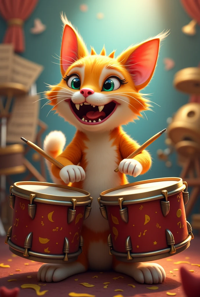 Draw a smiling cat playing the timpani