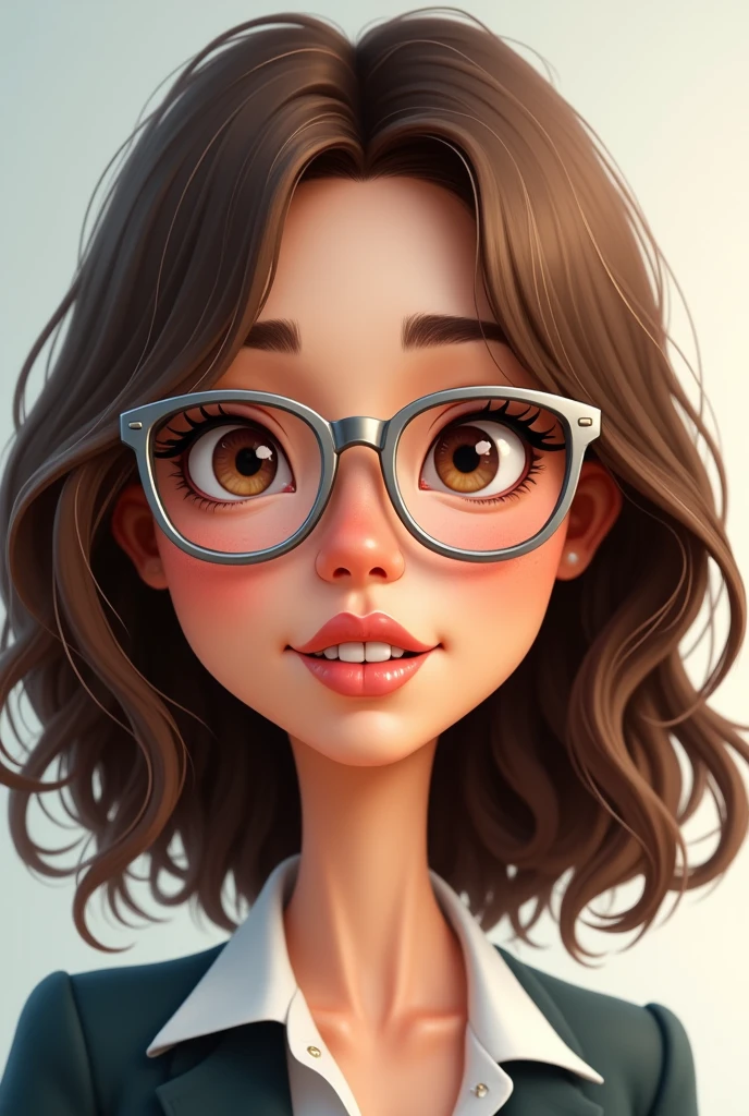 A more realistic cartoon of a girl wearing silver rectangular office glasses, with hair a little messy below the shoulders, brown eyes and voluptuous lips