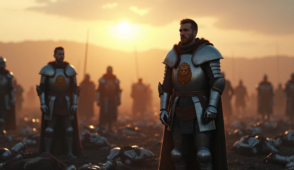 A highly realistic, high-contrast, 8K HD, detailed, hyper-detailed image of knights standing on a battlefield at dawn. The knights, clad in steel armor with a lion emblem on their chests, stand solemnly with fallen soldiers at their feet. The first light of day casts a soft glow over the scene, illuminating the armor and the grim reality of the battle's aftermath. The knights reflect on the cost of victory and the fate of their brothers in arms, their expressions filled with a mix of sorrow and resolve. The atmosphere is somber and reflective, capturing the heavy toll of war and the enduring bond between the knights. The image is of the highest quality, with ultra-high resolution, RAW photo quality, and Unreal Engine rendering, portraying the knights' contemplation and the bittersweet nature of their triumph under the lion emblem.

