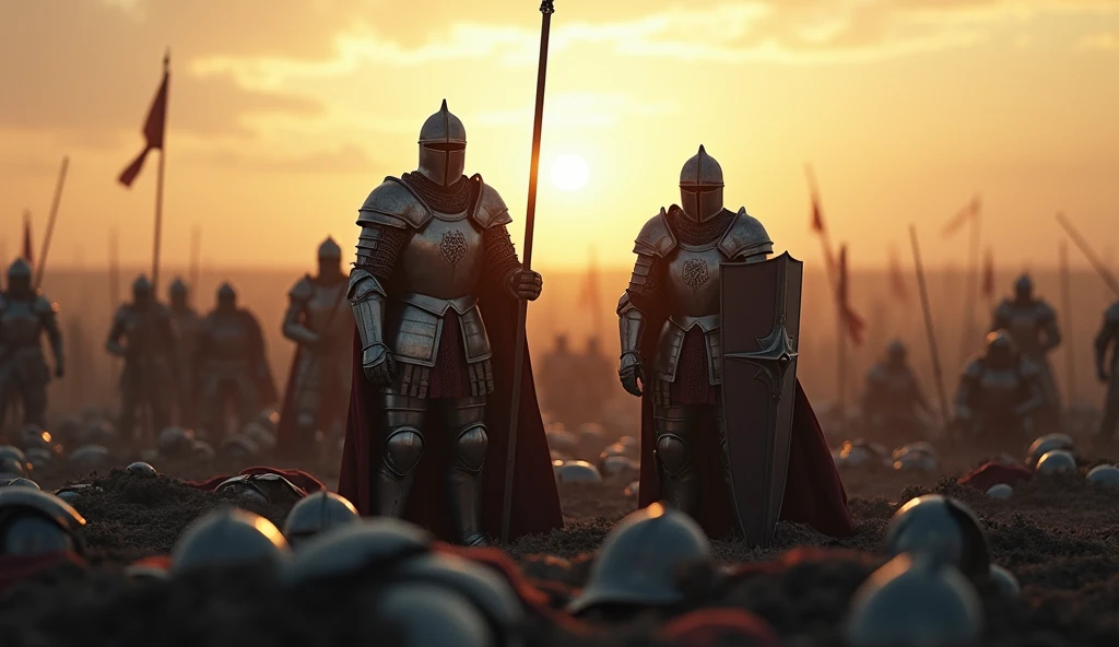 A highly realistic, high-contrast, 8K HD, detailed, hyper-detailed image of knights standing on a battlefield at dawn. The knights, clad in steel armor with a lion emblem on their chests, stand solemnly with fallen soldiers at their feet. The first light of day casts a soft glow over the scene, illuminating the armor and the grim reality of the battle's aftermath. The knights reflect on the cost of victory and the fate of their brothers in arms, their expressions filled with a mix of sorrow and resolve. The atmosphere is somber and reflective, capturing the heavy toll of war and the enduring bond between the knights. The image is of the highest quality, with ultra-high resolution, RAW photo quality, and Unreal Engine rendering, portraying the knights' contemplation and the bittersweet nature of their triumph under the lion emblem.