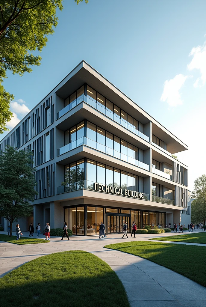Creat a modern college campus,having a 4 floor building.a title " Technical Building" written in large bold font on this building