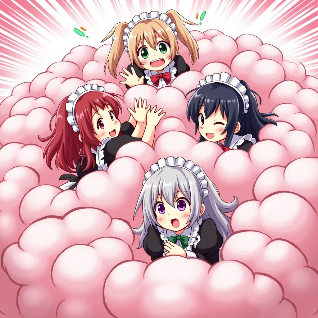 An anime-style illustration depicting maids and girls playfully wrestling with each other inside a pink comical fight cloud (dust cloud).
each girl and maid has different  colored hair.
their faces,hands,and feet are visible emerging from the cloud as they tussle humorously,  with the rest of their bodies completely hidden inside the cloud.
the illustration emphasizes the humorous and energetic nature of their scuffle,with a fluffy  and exaggerated fight cloud.