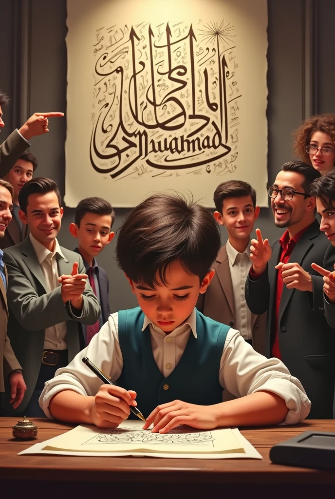 A boy who is English calligrapher and writing a calligraphy sitting on table and in his background Muhammad calligrapher name is hanging and a lot of people laughing on him and point to him