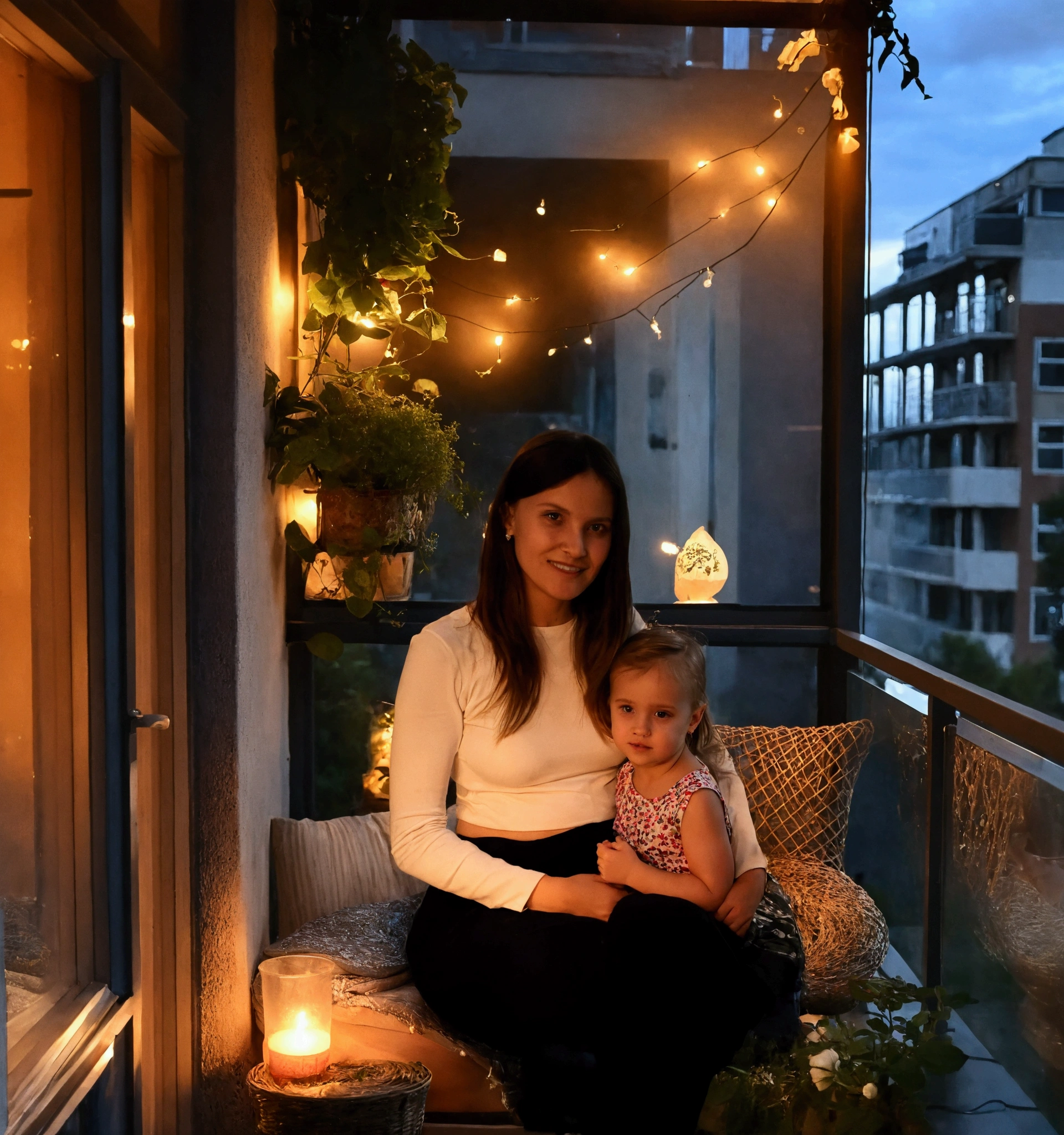 Mother and daughter are sitting on the veranda, evening,