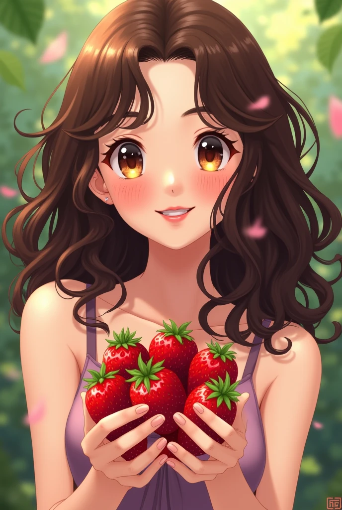 brunette with curly hair holding strawberries anime style