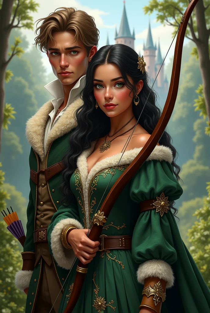 Beautiful 20 year old woman of Apache and English descent, ( very realistic ) Victorian era black hair, Cinnamon skin and green eyes, perfect face and a body with perfect curves. Dressed in a Robin Hood costume made of fur, in keeping with the Victorian era, with her bow and arrow, and behind her back a 30-year-old man dressed in a Victorian era outfit, extremely handsome and manly. ( very realistic) With milky white skin and light brown hair, blue eyes as clear as the sky in the background, a forest with a castle