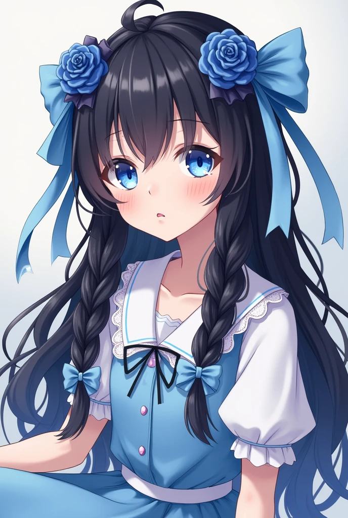 a young girl with long and fine wavy black hair, have a two-parted fringe with a hairstyle "short braid on both sides of the top and leave some of the hair down" with each sky blue ribbon and dark blue rose in the braid with the ribbon tails folded, has a blue ruby diamond pattern eye type like athanasia with californian coral gradation underneath has soft and smooth white skin (sitting pose image showing the whole body)