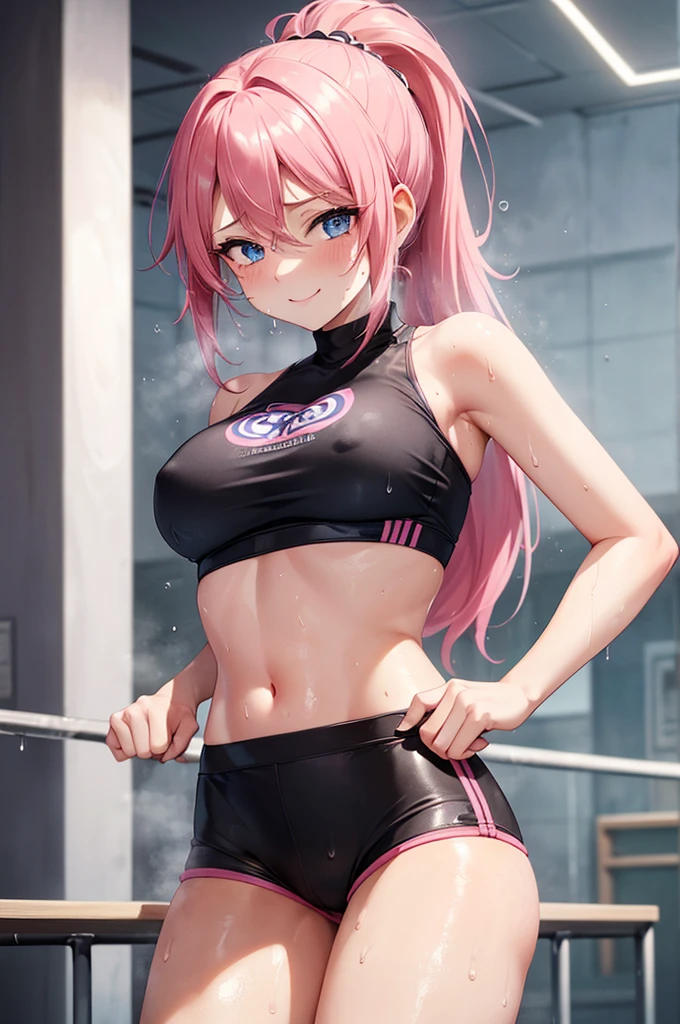 ((masterpiece)), ((最high quality)), Great texture, Woman with pretty face, Pink Hair, A voluminous ponytail, ((black hot pants)), Blue eyes, smile, (Thin raw legs), ((Exposing the abdomen)), sports gym,((high quality)), ((Romantic atmosphere)), Exercising your body, ((Sweat dripping all over my body)), 